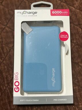 myCharge Go Big 6000 mAh Portable Charger in blue, NIB